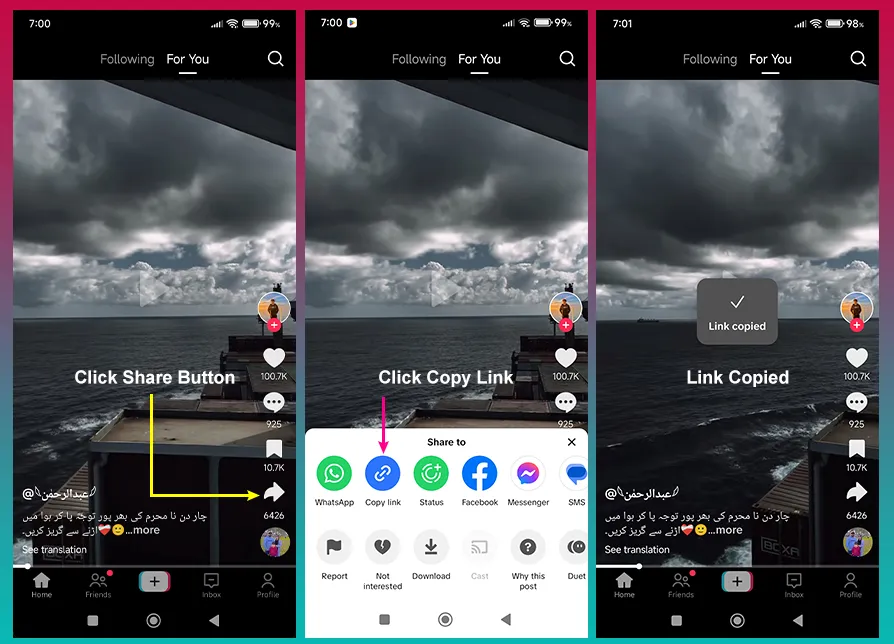 Как скопировать ссылку для скачивания видео из TikTok в приложении для Android.