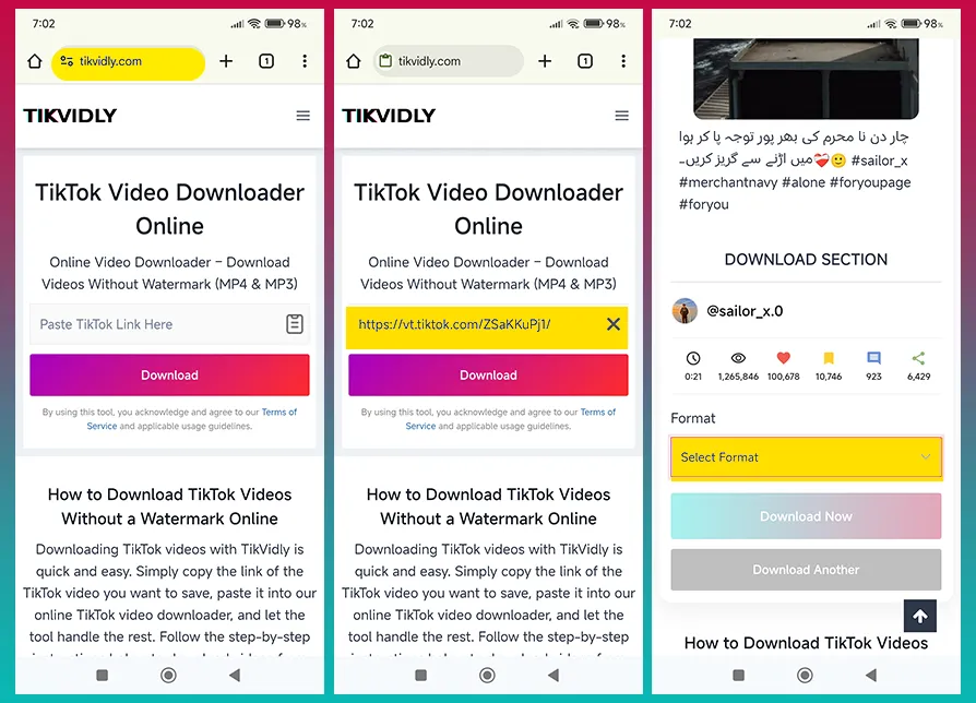 Вставьте ссылку в TikVidly, чтобы скачать видео из TikTok в браузере на Android.