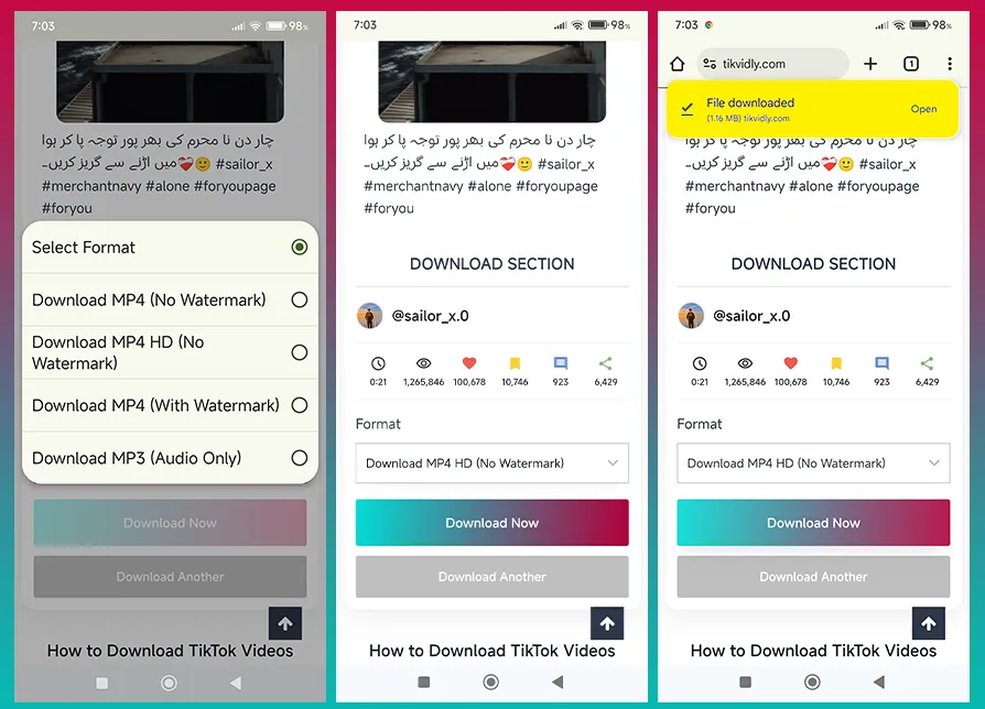 Последний шаг для скачивания видео из TikTok в галерею Android без водяных знаков.