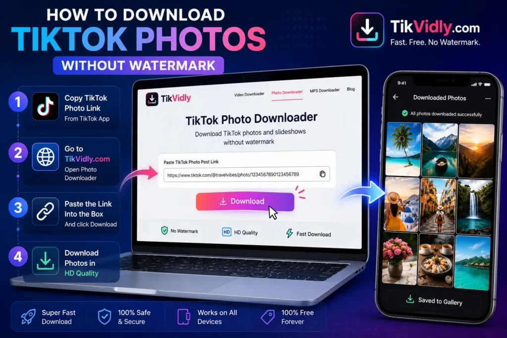 Tutorial showing how to download TikTok photos without watermark using TikVidly Photo Downloader