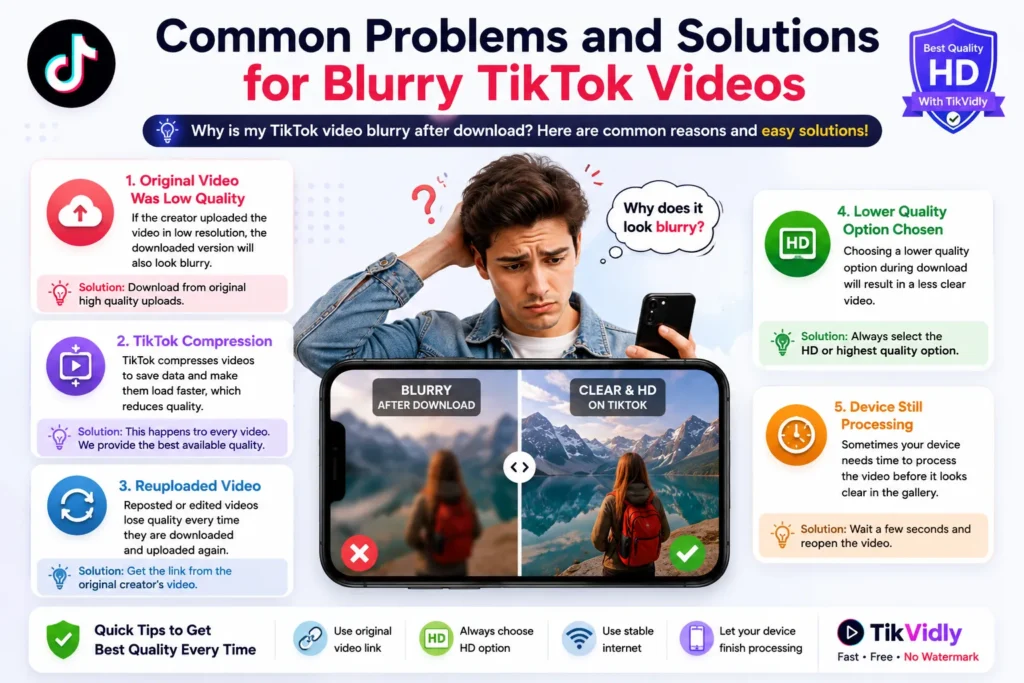 Illustration showing common reasons why TikTok videos look blurry after downloading and how to fix them.