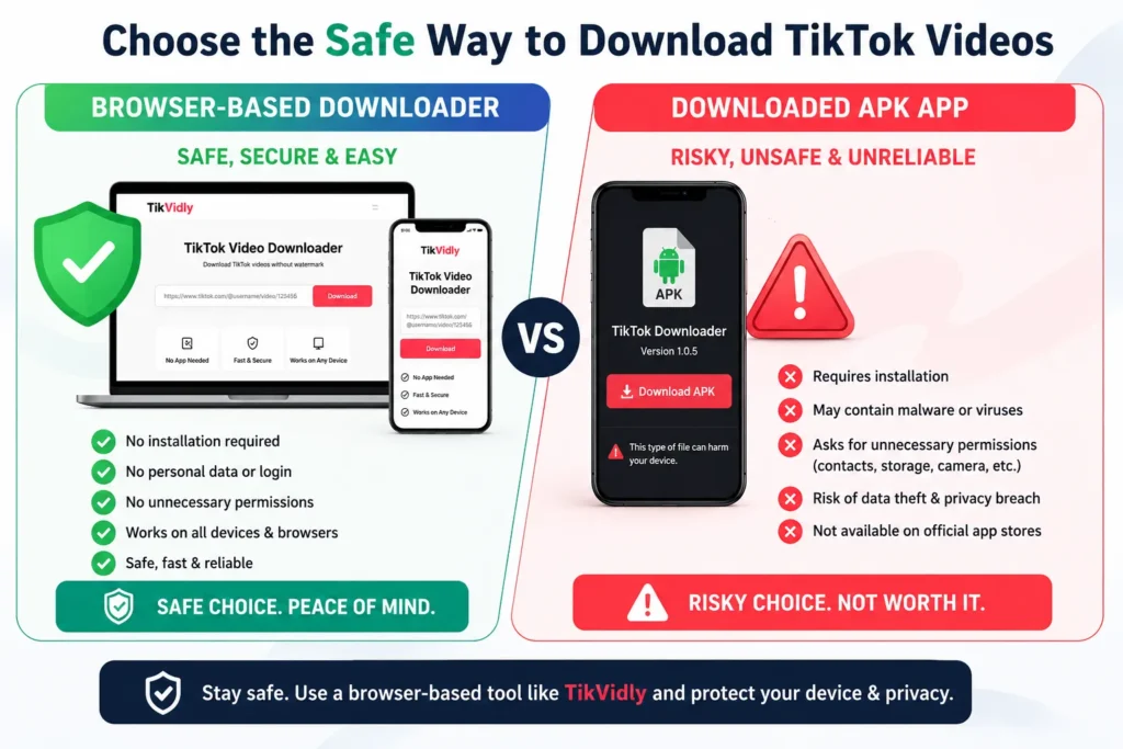 Comparison showing a safe browser-based TikTok downloader versus a downloaded APK app with security and privacy differences.