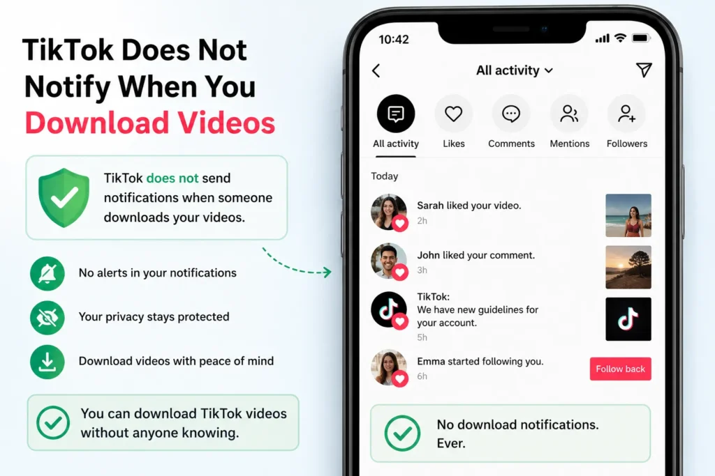 TikTok notification screen showing no download alerts.