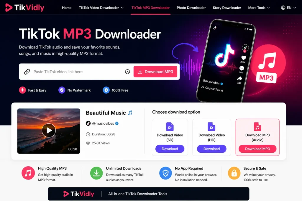 TikVidly TikTok MP3 Downloader interface