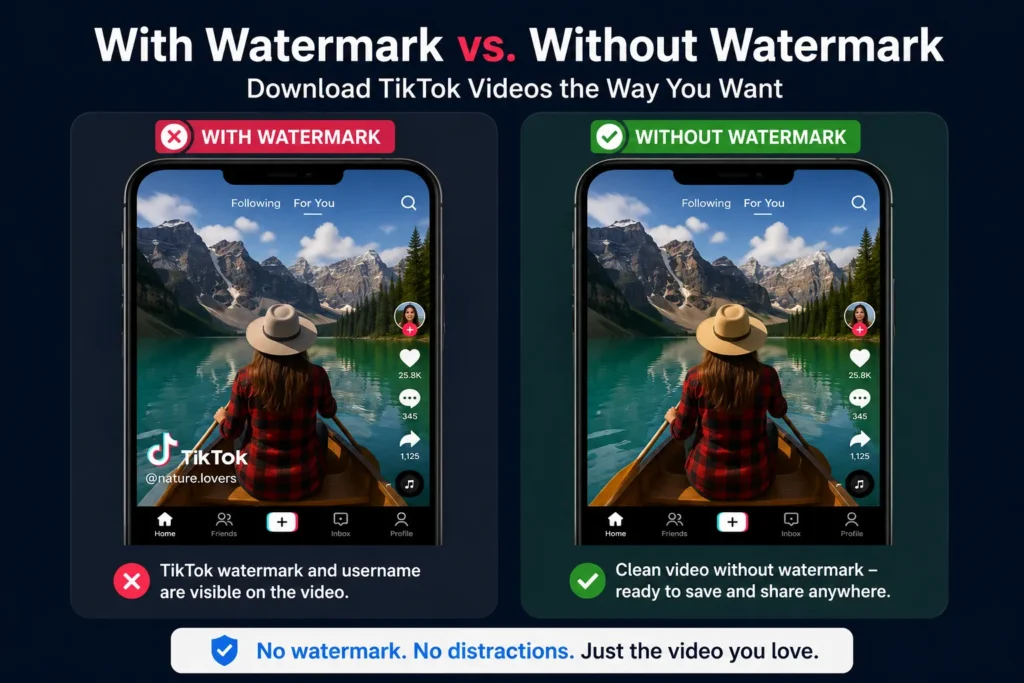 Comparison of a TikTok video with watermark and without watermark.